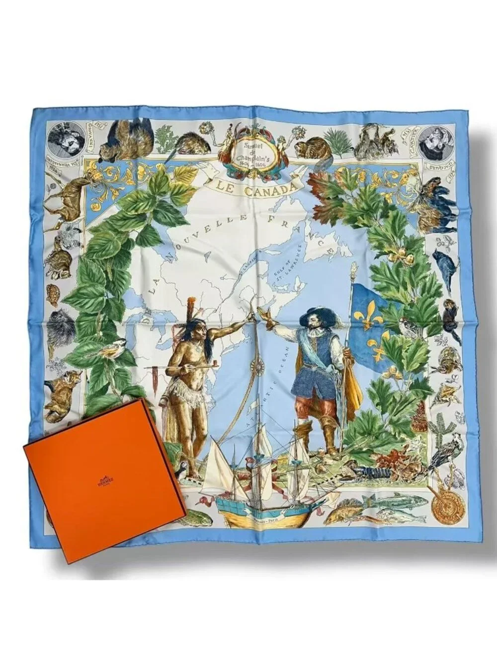 Hermes Scarf Silk Carre 90 le Canada Blue